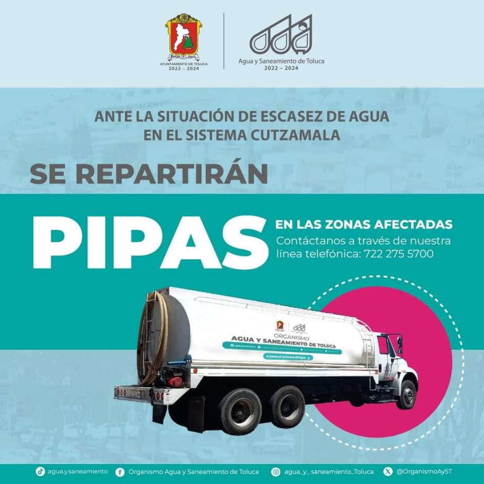 #Municipios | OAyST suministra agua en #Toluca a través de pipas
