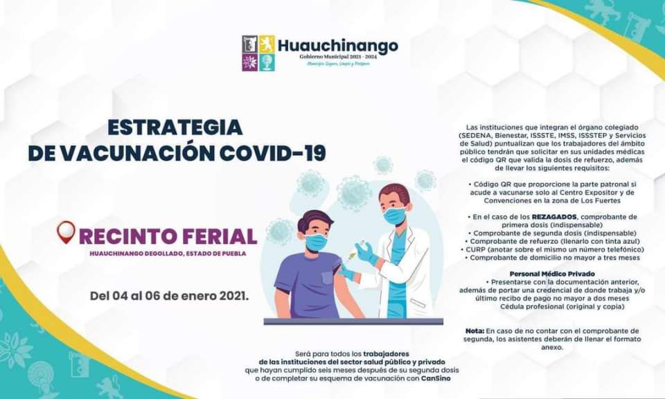 Iniciará jornada de vacunación de refuerzo contra el Covid-19 a personal de Salud en Huauchinango.