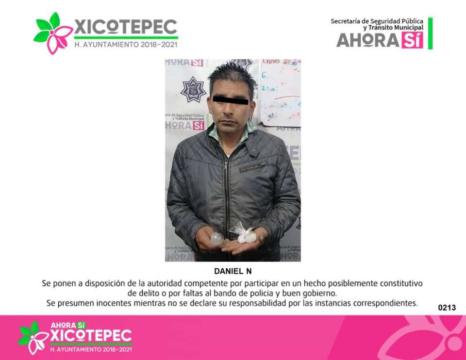Asegura SSPTM de Xicotepec a Daniel “N” en posesión de presuntos estupefacientes.