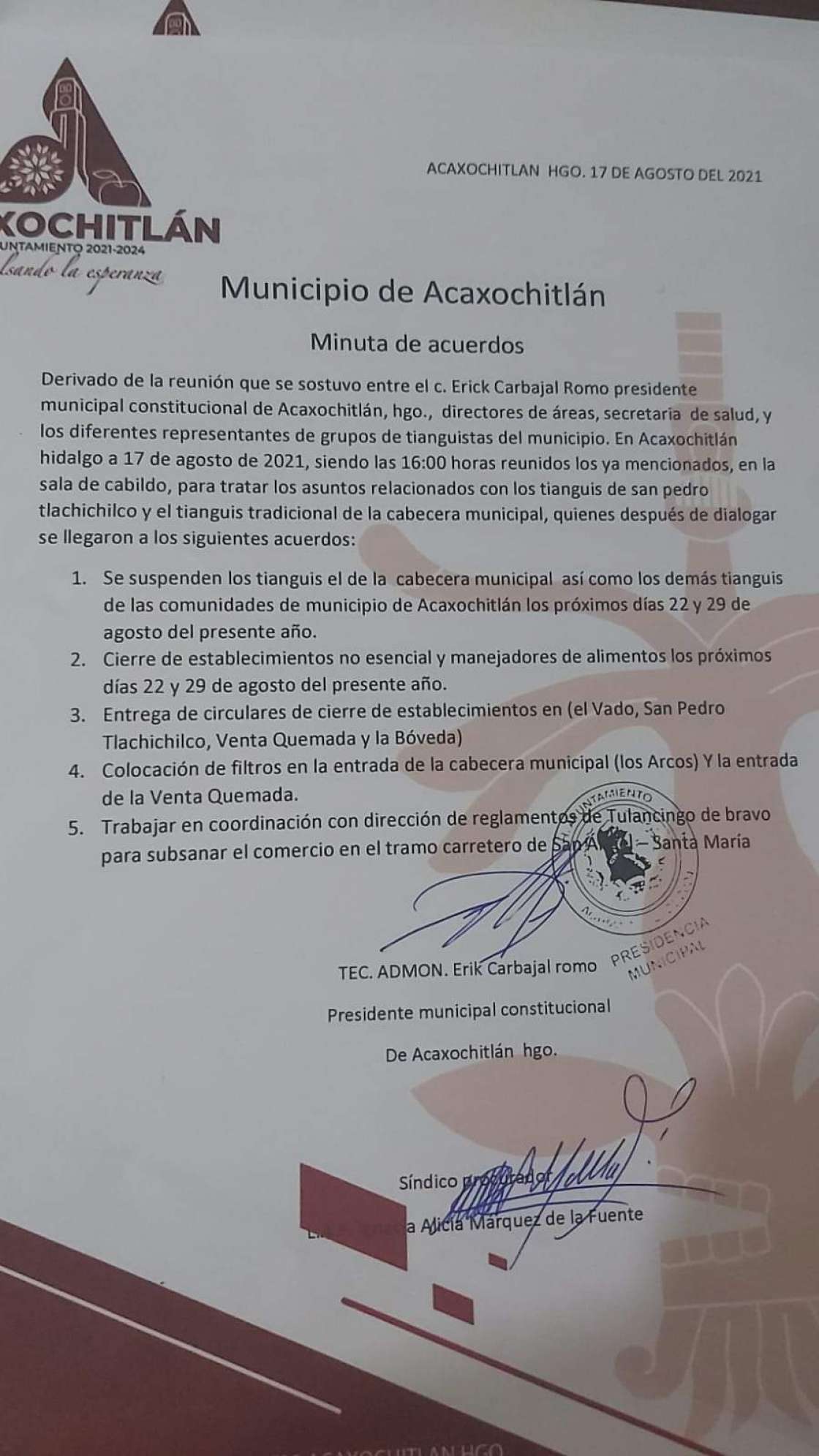 Suspenderán tianguis dominicales en el municipio de Acaxochitlán.