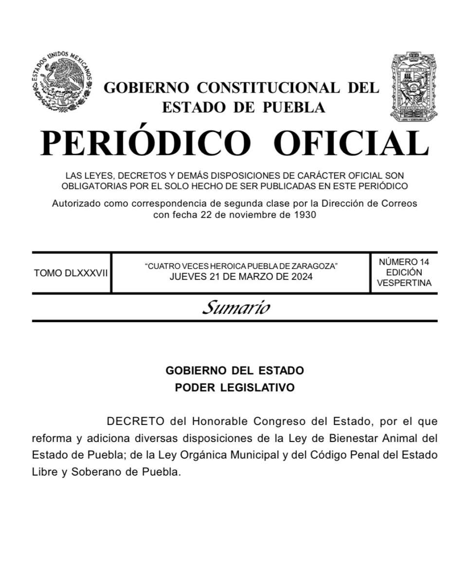 Publican en el Periódico Oficial diversas disposiciones de la Ley de Bienestar Animal del Estado de Puebla
